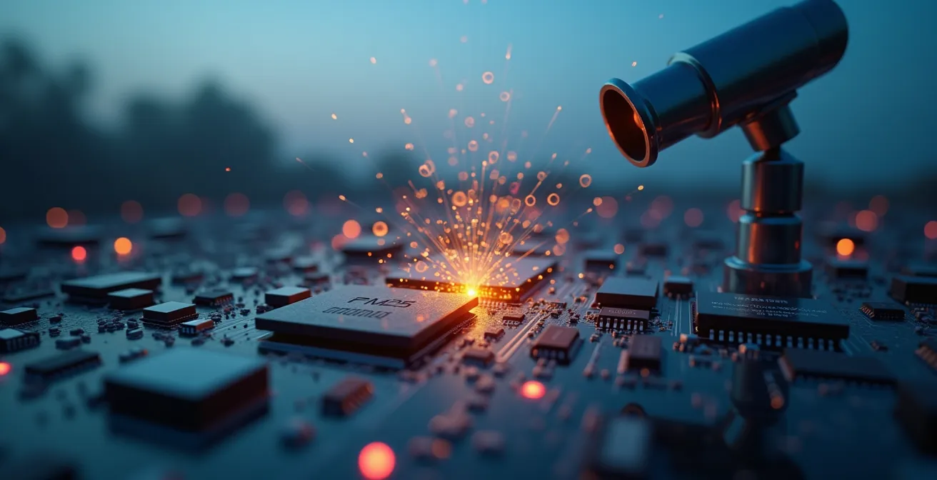 A close-up of low-cost air quality sensors placed next to an amateur telescope setup at twilight.