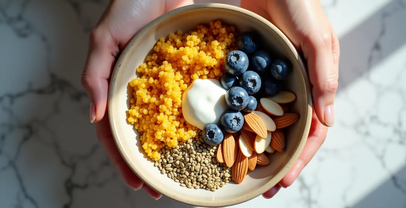 Overhead view of a colorful breakfast bowl with quinoa, berries, and nuts