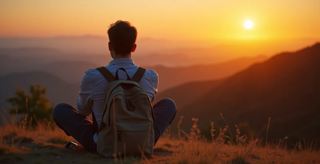 Traveler sitting peacefully watching sunset with phone tucked away in bag