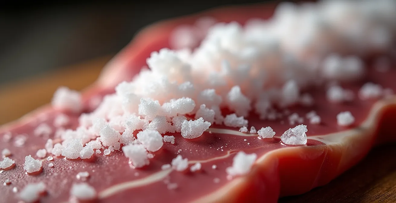 Close-up of salt crystals on a curing meat surface, showing their effect on the meat's texture.
