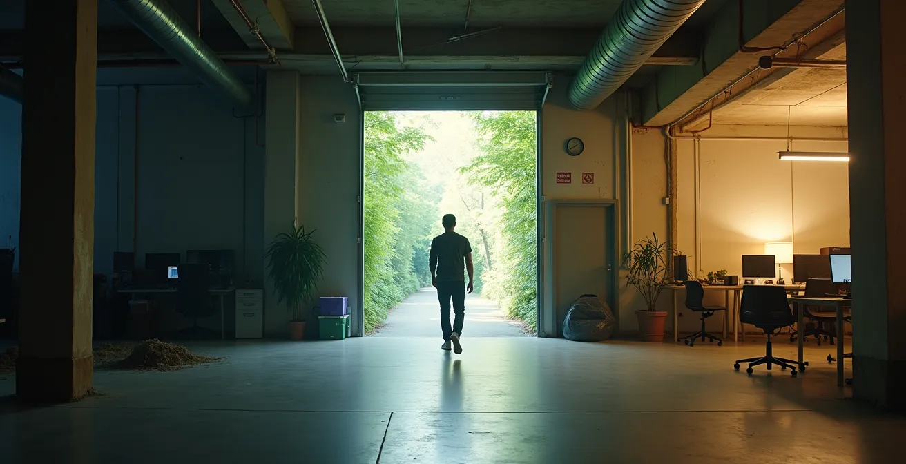 A visual metaphor showing a person's journey from a dark, cluttered industrial space to a serene natural clearing, and finally to a bright, organized workspace, representing the stages of burnout recovery.