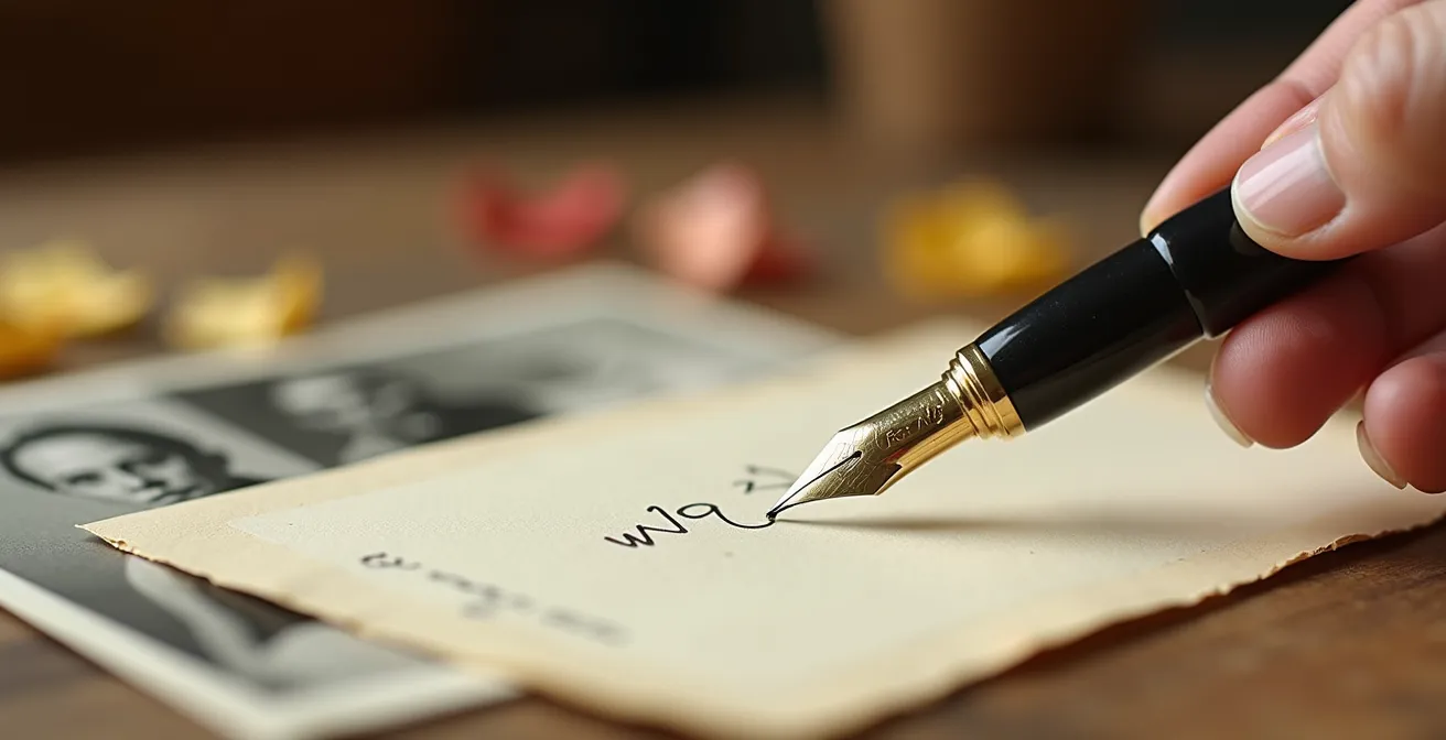 Hands writing recipe stories in a journal with old photographs
