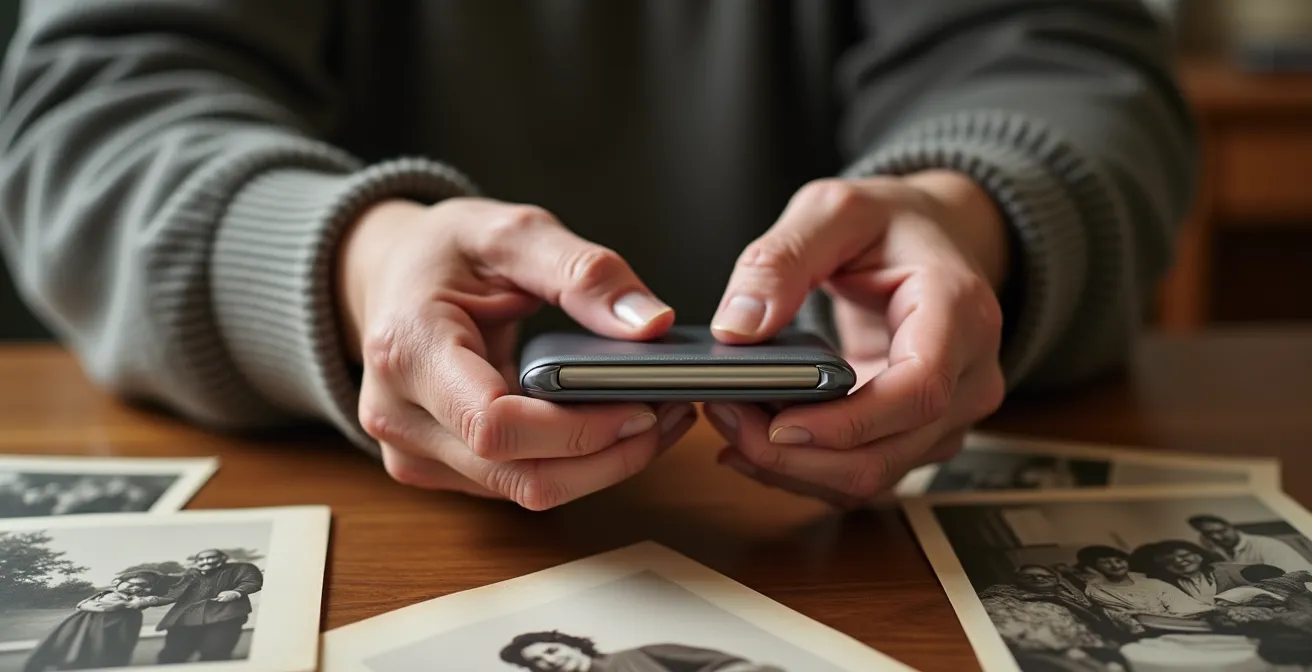 Hands passing a secure digital key device surrounded by family photos and documents