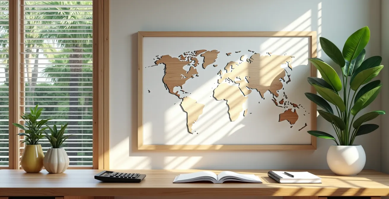 Digital nomad working from tropical location with financial documents and world map elements