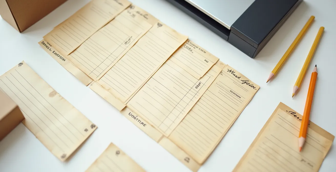 Vintage recipe cards being organized and scanned with modern technology