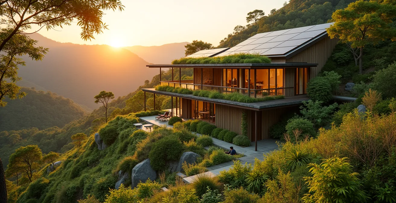 Sustainable hotel featuring solar panels and green architecture integrated with nature