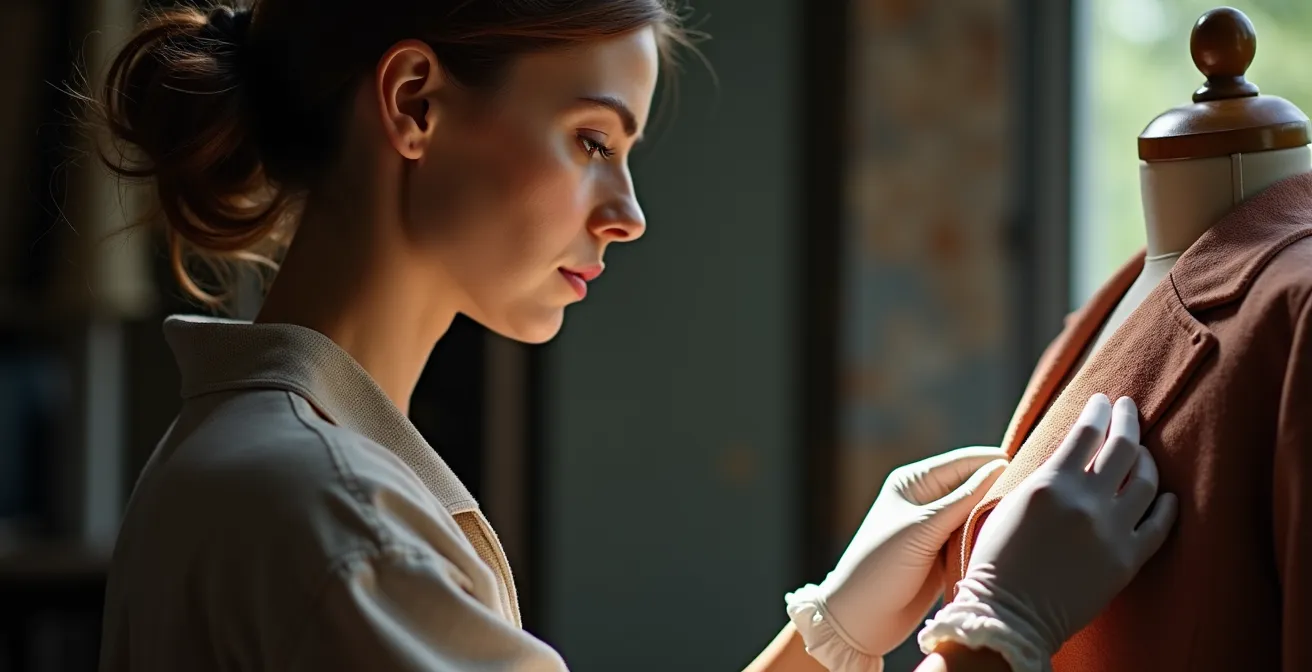Fashion curator examining vintage haute couture pieces with careful attention