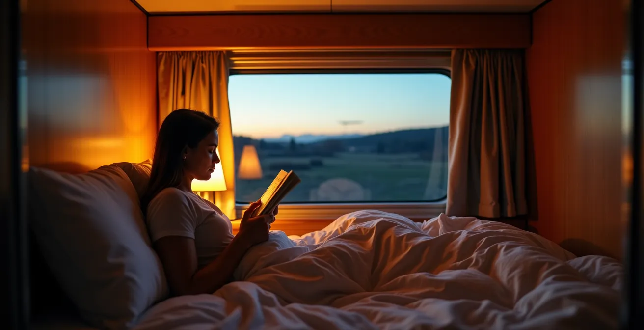 Interior view of a modern European night train with comfortable sleeping compartments