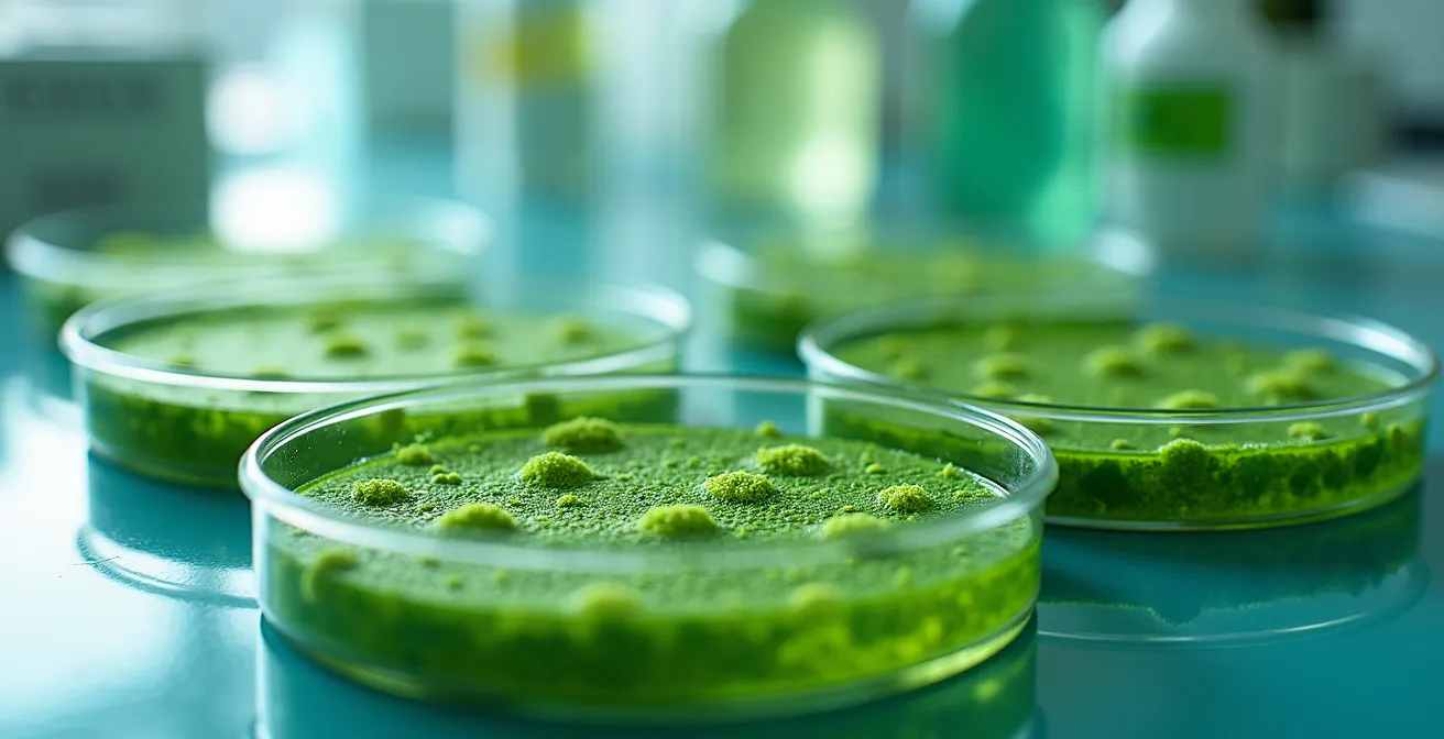 Extreme close-up of plant tissue samples in petri dishes showing genetic modification research