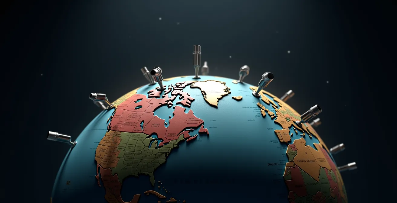 World map showing telescope observation density patterns with gaps in the southern hemisphere.