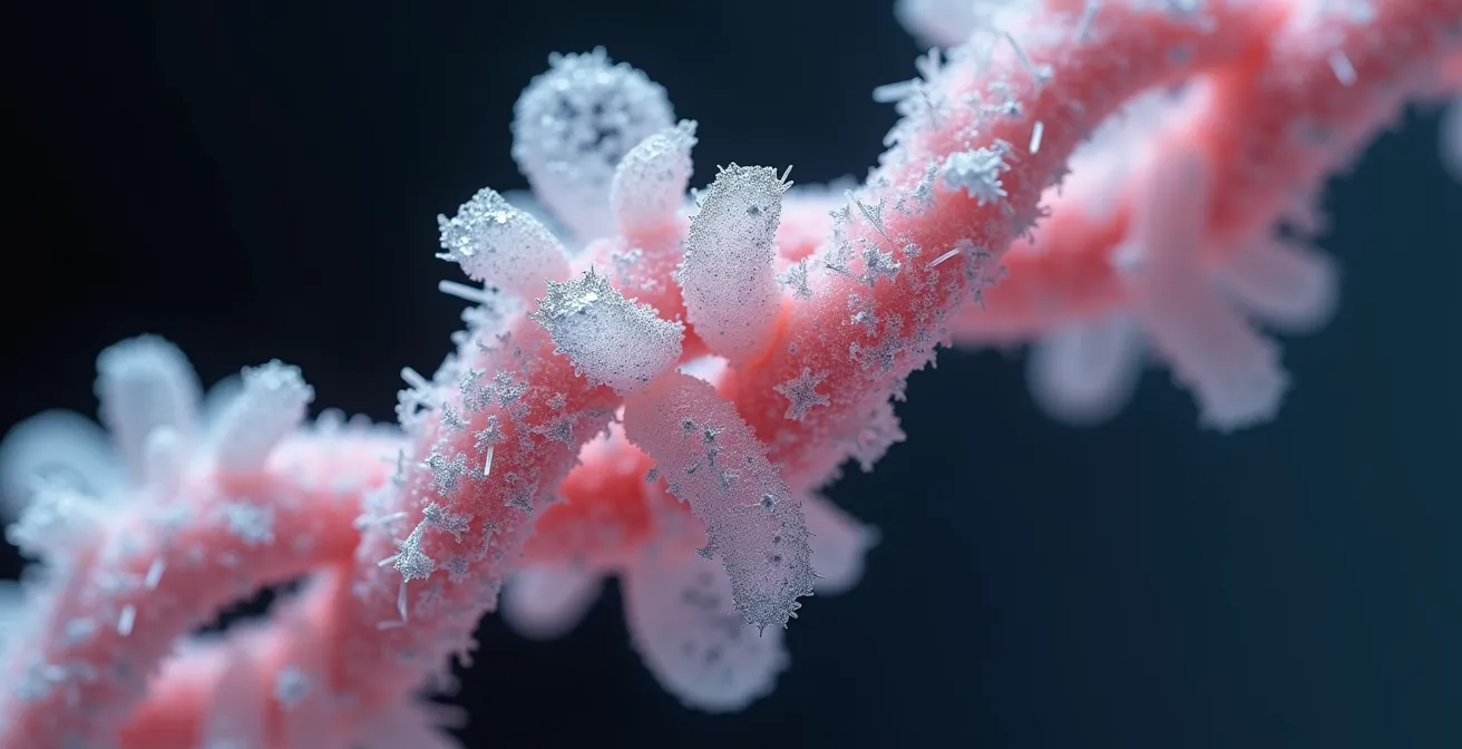 Microscopic view of sugar molecules binding to collagen fibers causing cross-linking