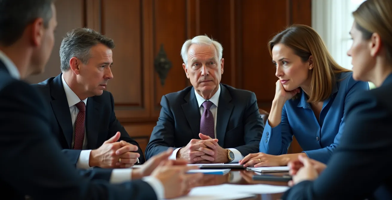 Government officials discussing AI regulation in formal meeting room