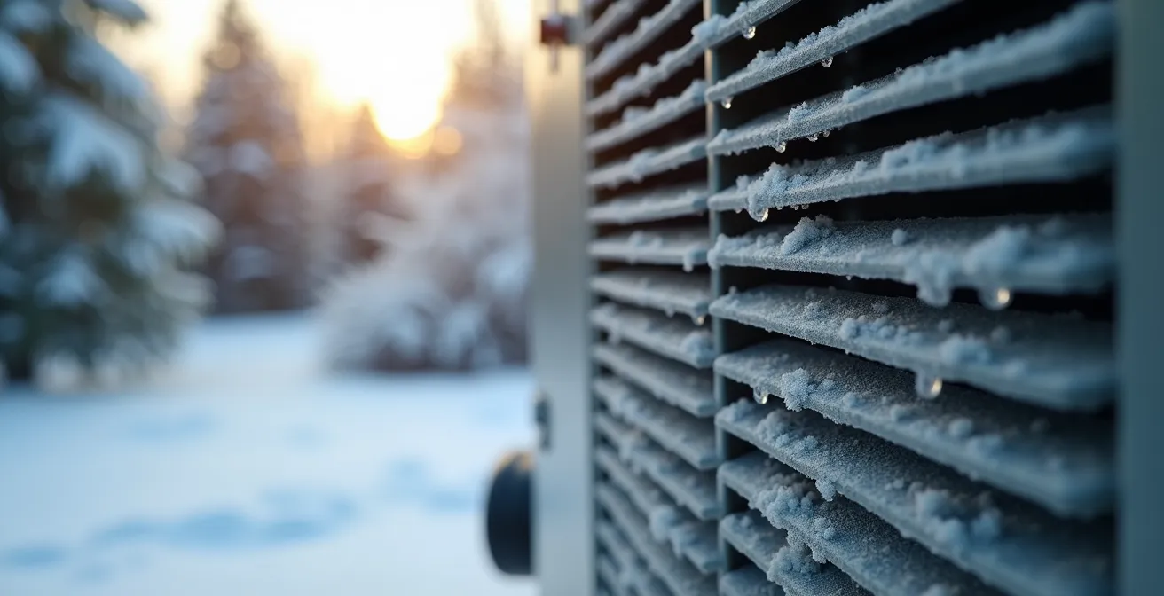 Modern heat pump unit operating efficiently in winter conditions with frost on surrounding vegetation