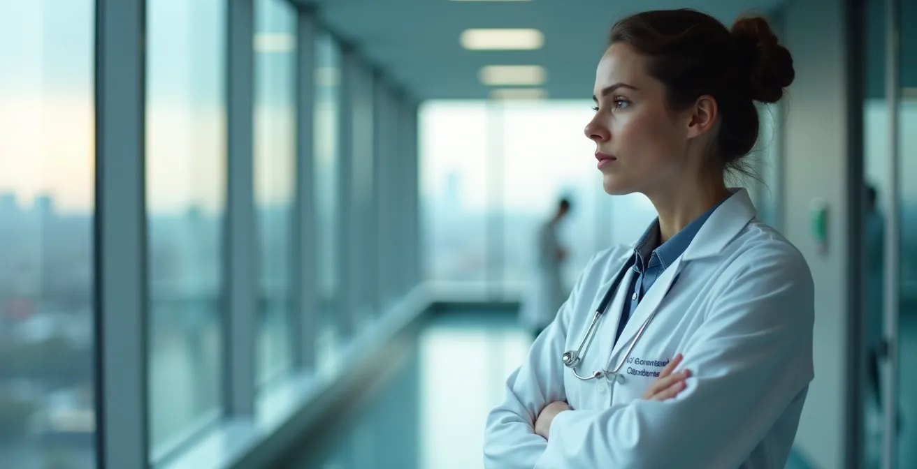 Healthcare professional contemplating patient treatment options in a medical facility