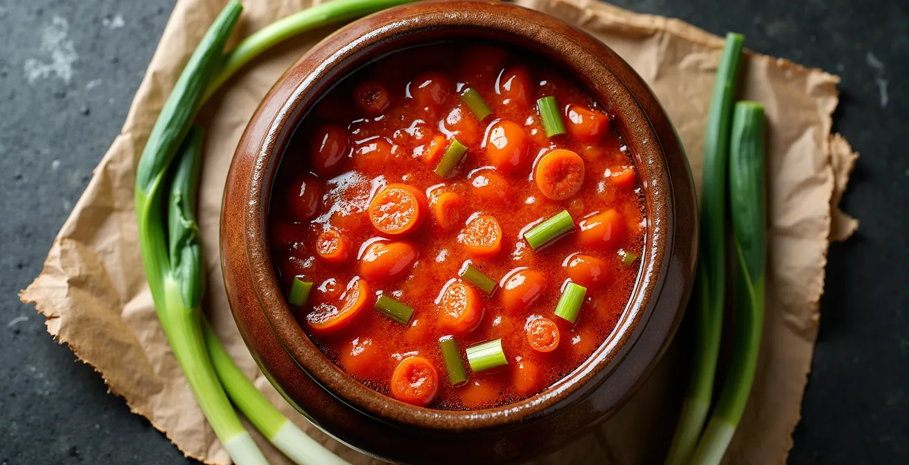 Actively fermenting kimchi in a traditional earthenware pot, with visible CO2 bubbles in the brine.