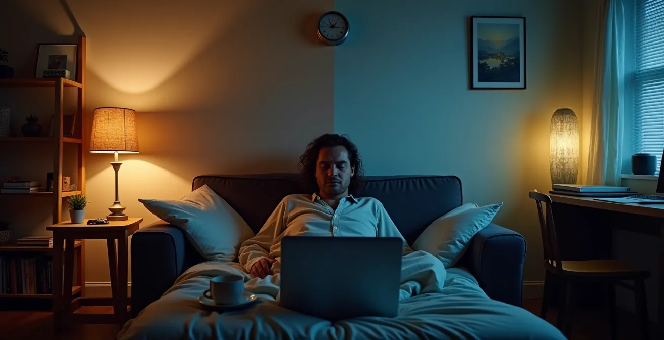 A person at night, finally enjoying a personal hobby in a warm, inviting living room, contrasted with the same space appearing as a sterile home office during the day.