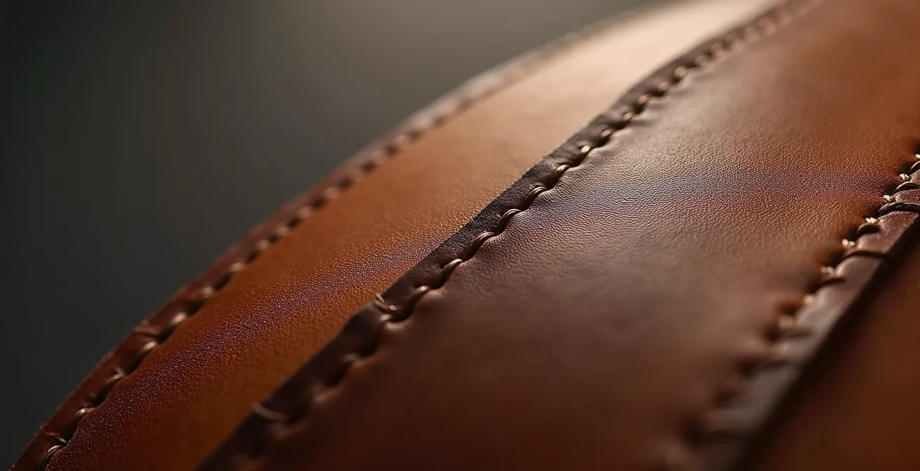 Extreme close-up macro photograph showing authentic luxury handbag stitching patterns