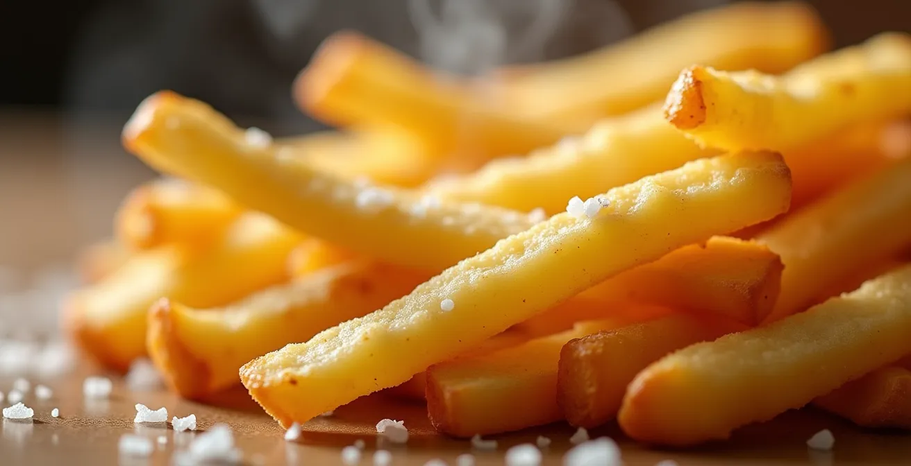 Extreme close-up of golden french fries showing crispy textured surface with specialized coating