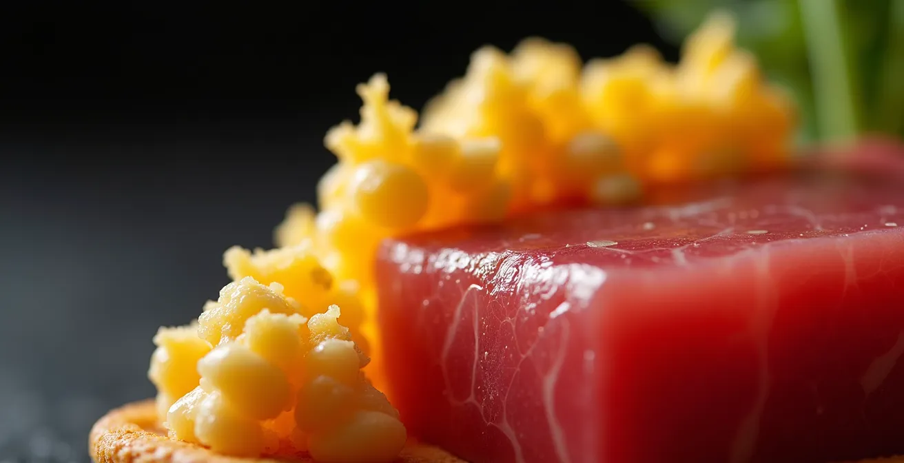 Extreme close-up showing the textural contrast where the crispy, bubbly edge of a tostada meets the soft, silky surface of tuna sashimi.