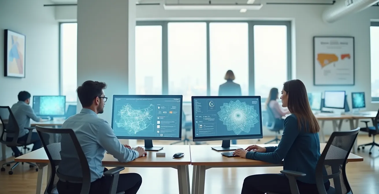 Marketing professionals collaborating with AI tools in modern office setting