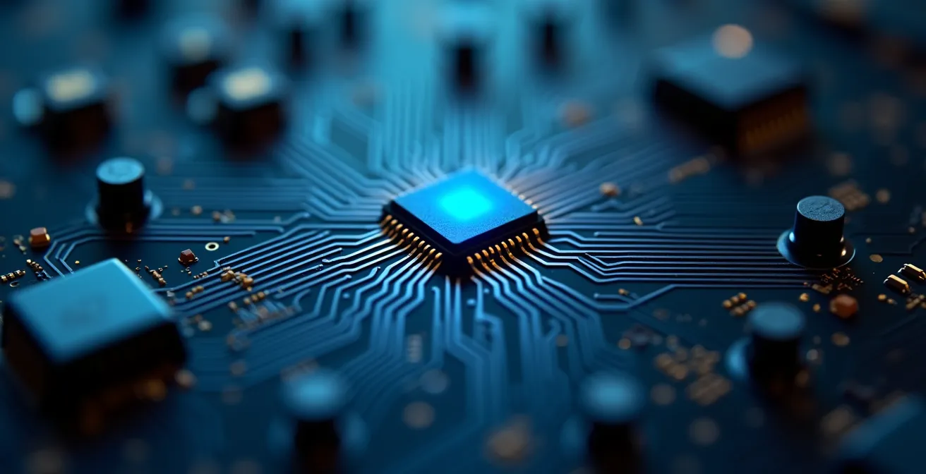 Macro shot of Matter-certified smart home device chip with secure connection pathways