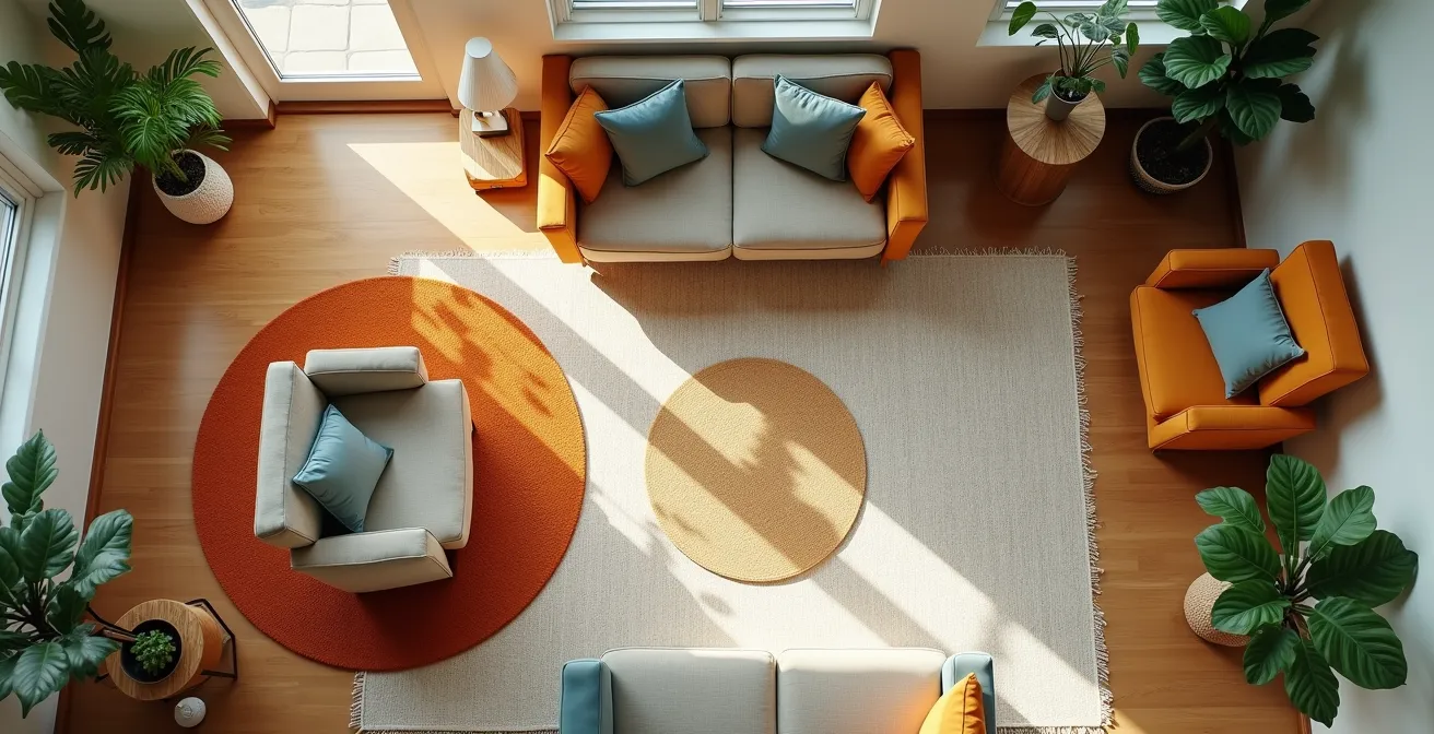 Aerial view of a thoughtfully organized small apartment with distinct living zones