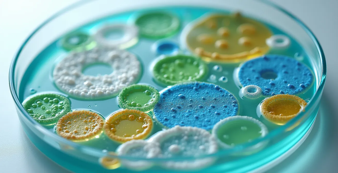 Microscopic view showing bacterial colonies growing in cosmetic product