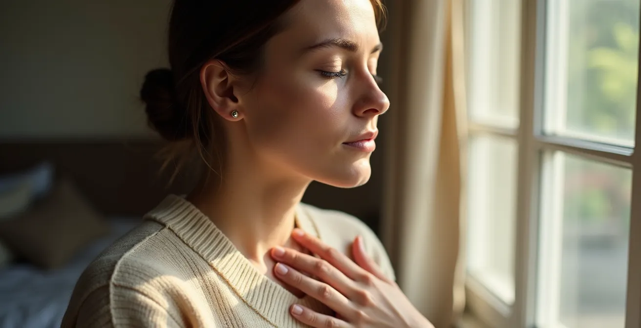 A person taking a deep, calming breath with their hand on their chest, demonstrating a mindful pause.