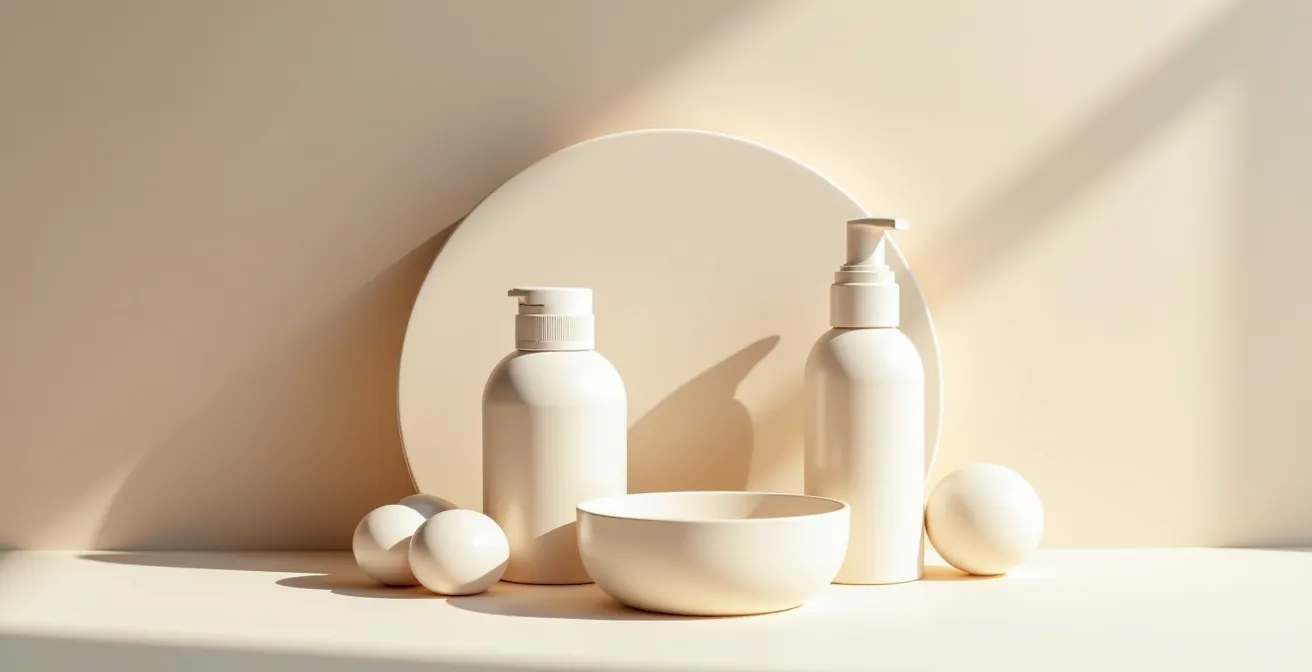 Clean arrangement of essential skincare products in minimalist setting