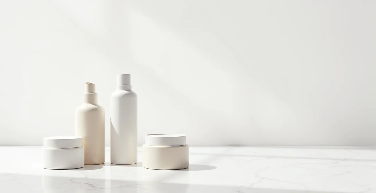 Clean arrangement of four essential skincare products on white surface
