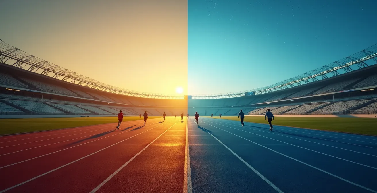 Split scene showing morning and evening training environments with recovery indicators