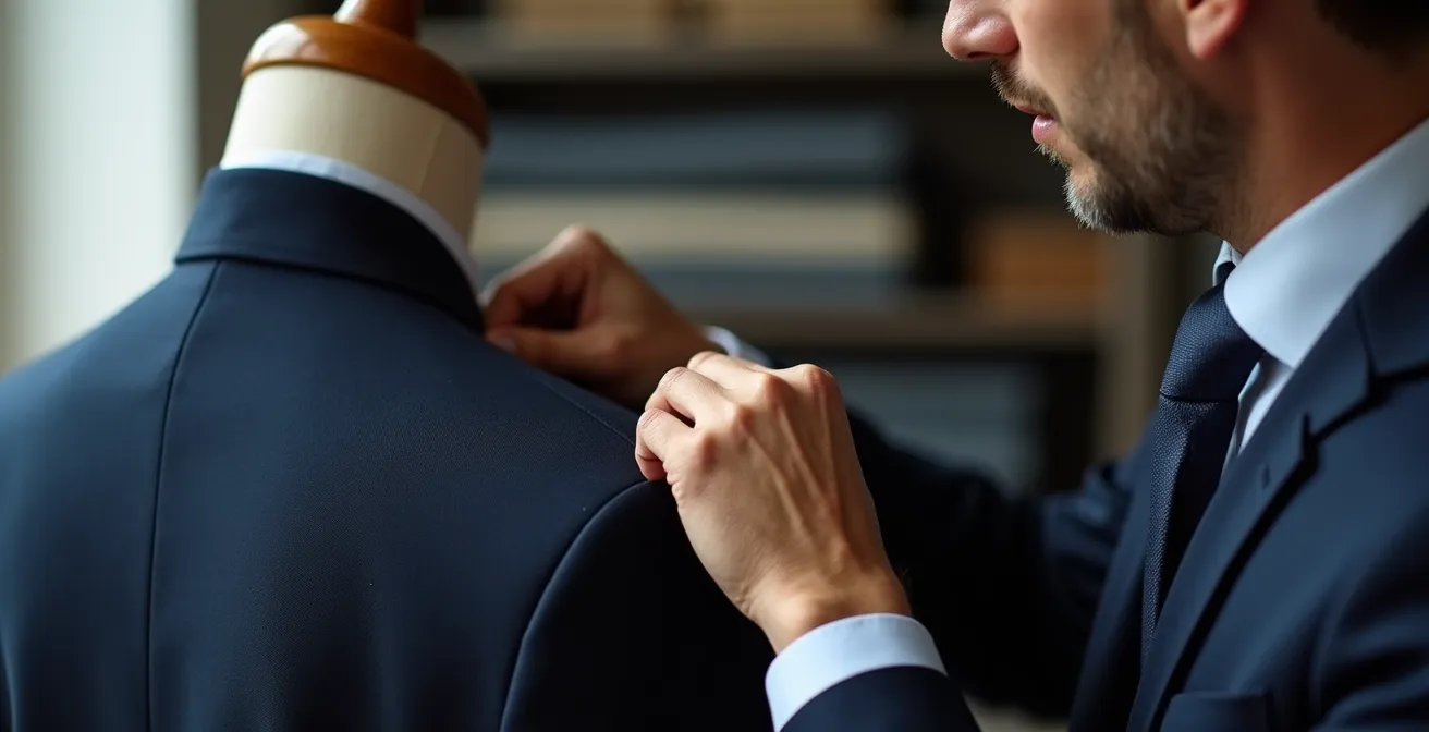 Side view comparison of proper bespoke shoulder construction versus a poor off-the-rack fit.