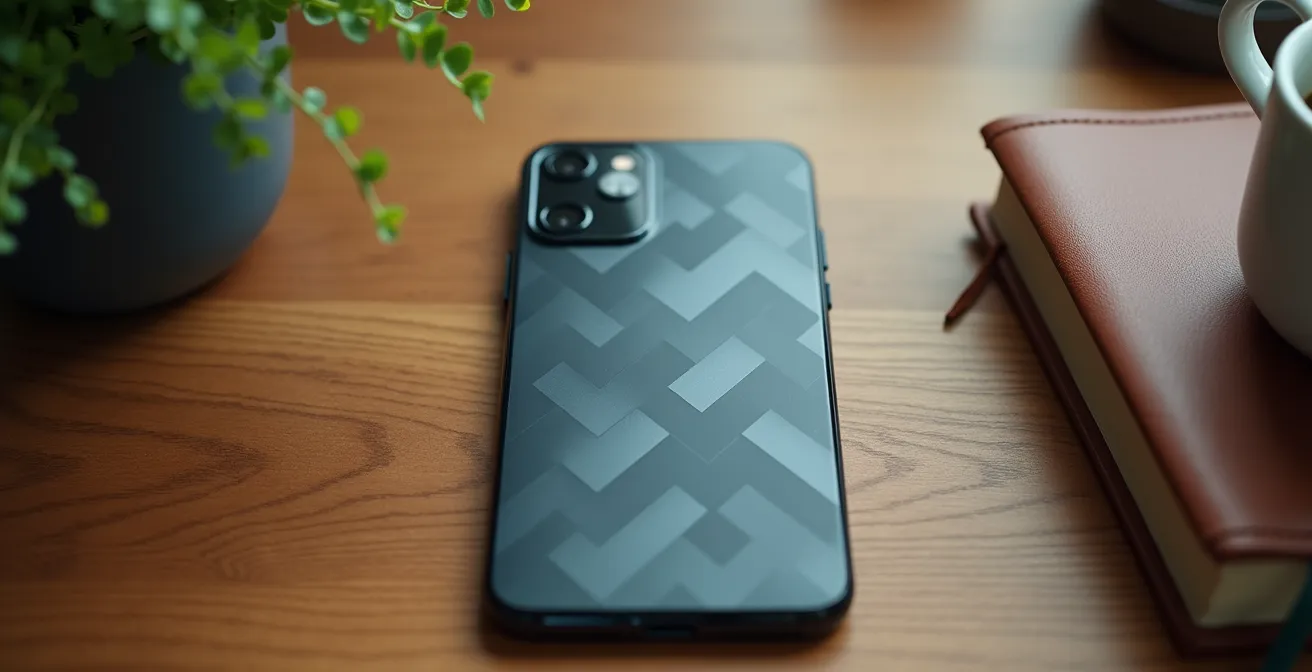 Smartphone face down on a desk in a peaceful workspace environment, symbolizing digital boundaries.