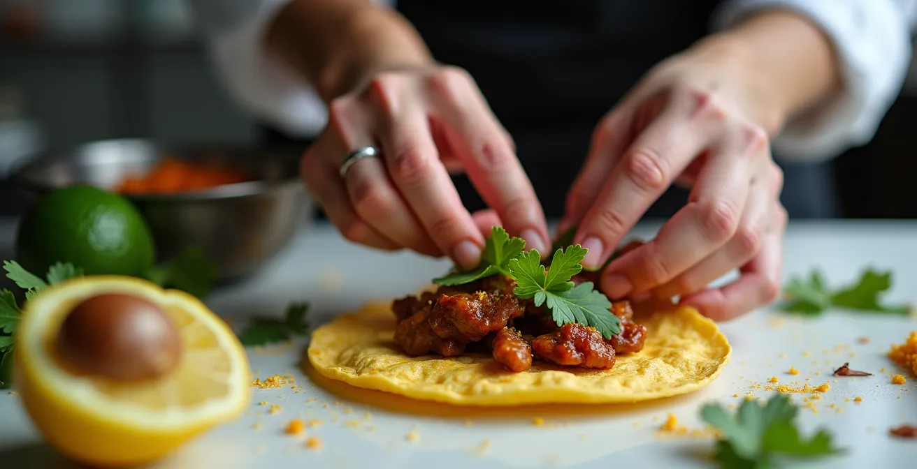 Split composition showing a chef's hands carefully placing delicate Japanese shiso leaves as an accent on a structured Mexican taco.