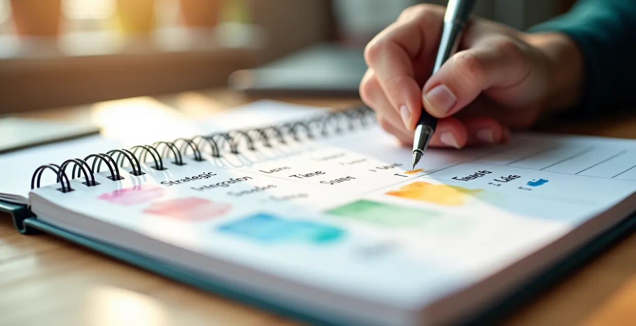 Close-up of a physical planner showing strategic do-nothing blocks scheduled throughout the workday