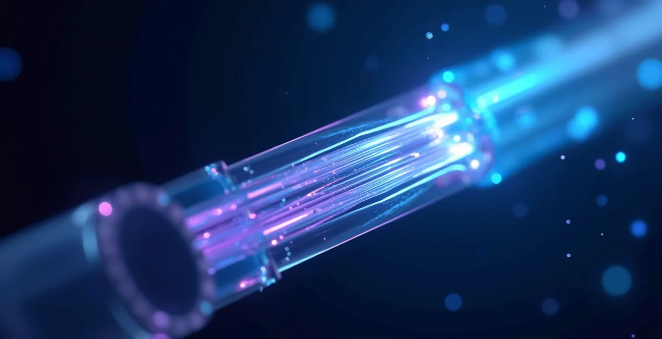 Macro view of fiber optic cable transmitting quantum encrypted data
