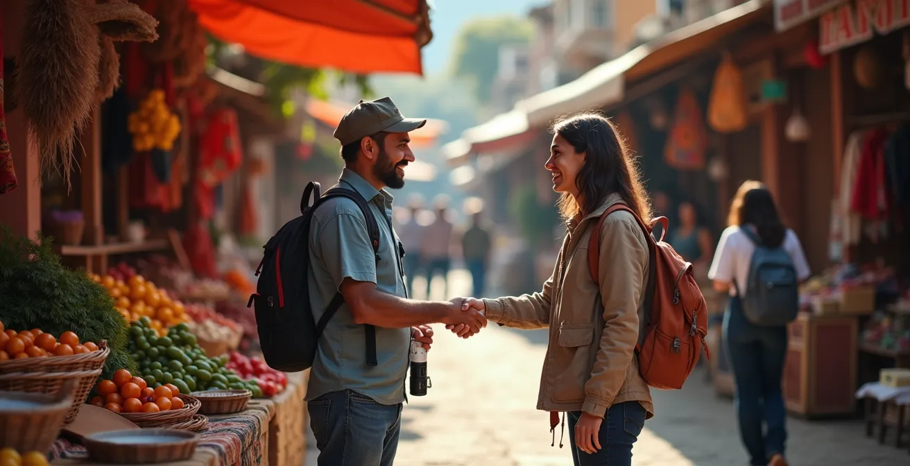 Tourist engaging with market vendor through respectful exchange rather than photography