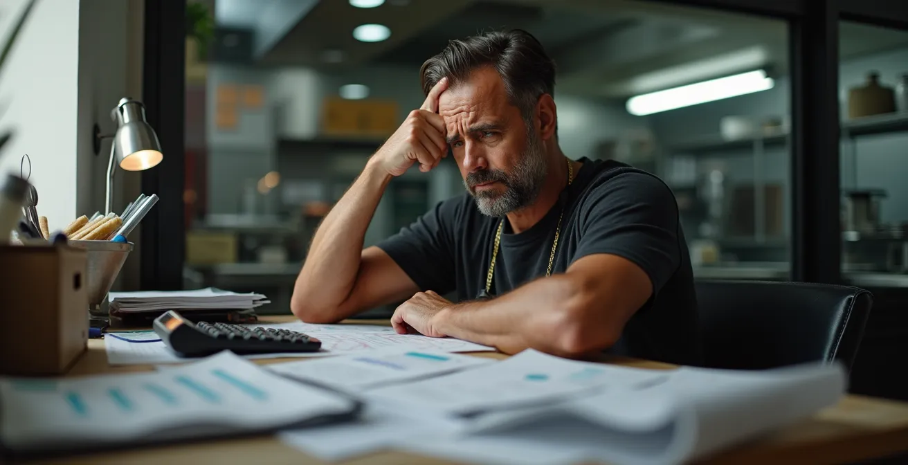 Restaurant owner at desk with calculator reviewing financial documents in commercial kitchen office