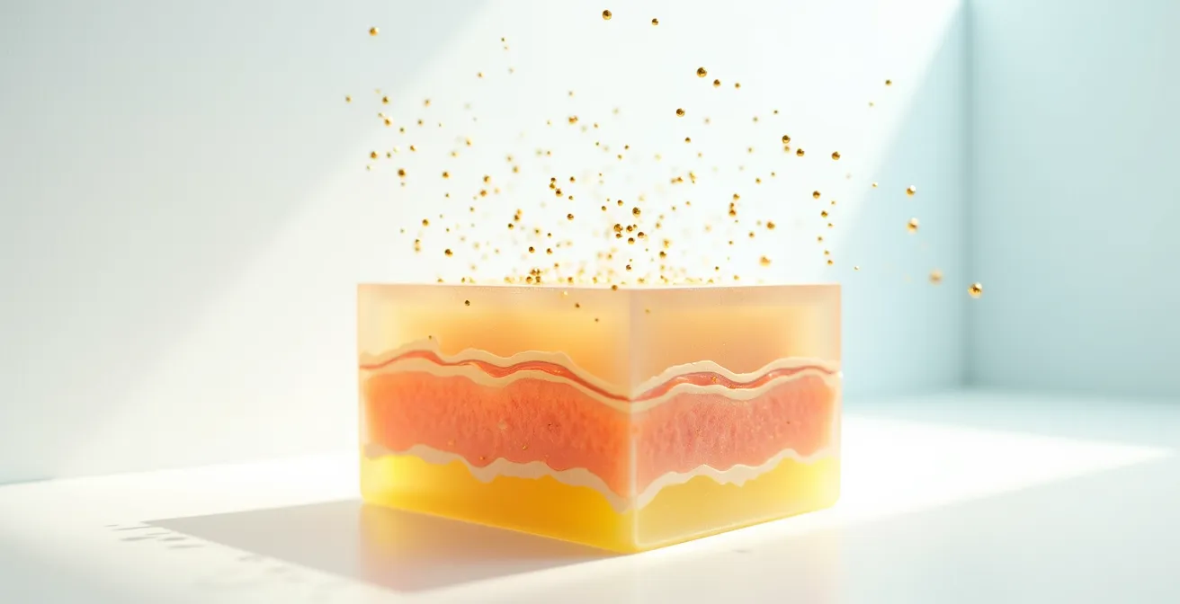 Cross-section visualization of skin barrier with UV protection mechanisms enhanced by retinoid treatment