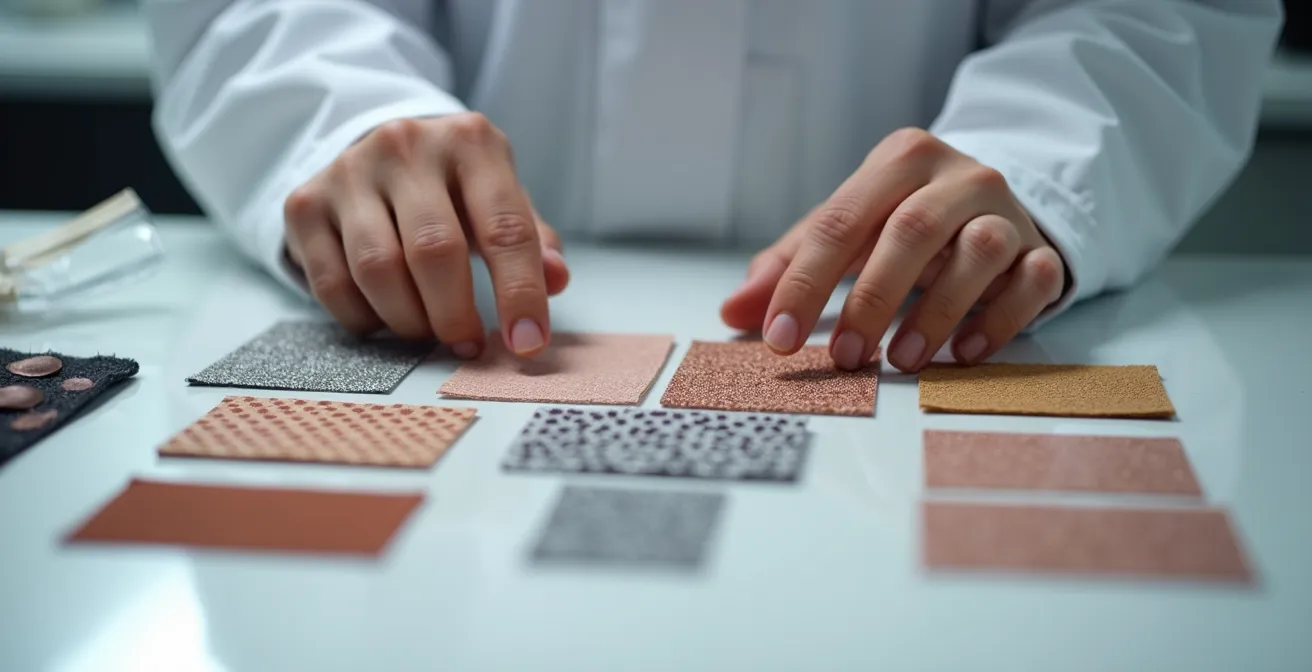 Comparative display of innovative textile materials including mushroom leather and copper-infused fabrics