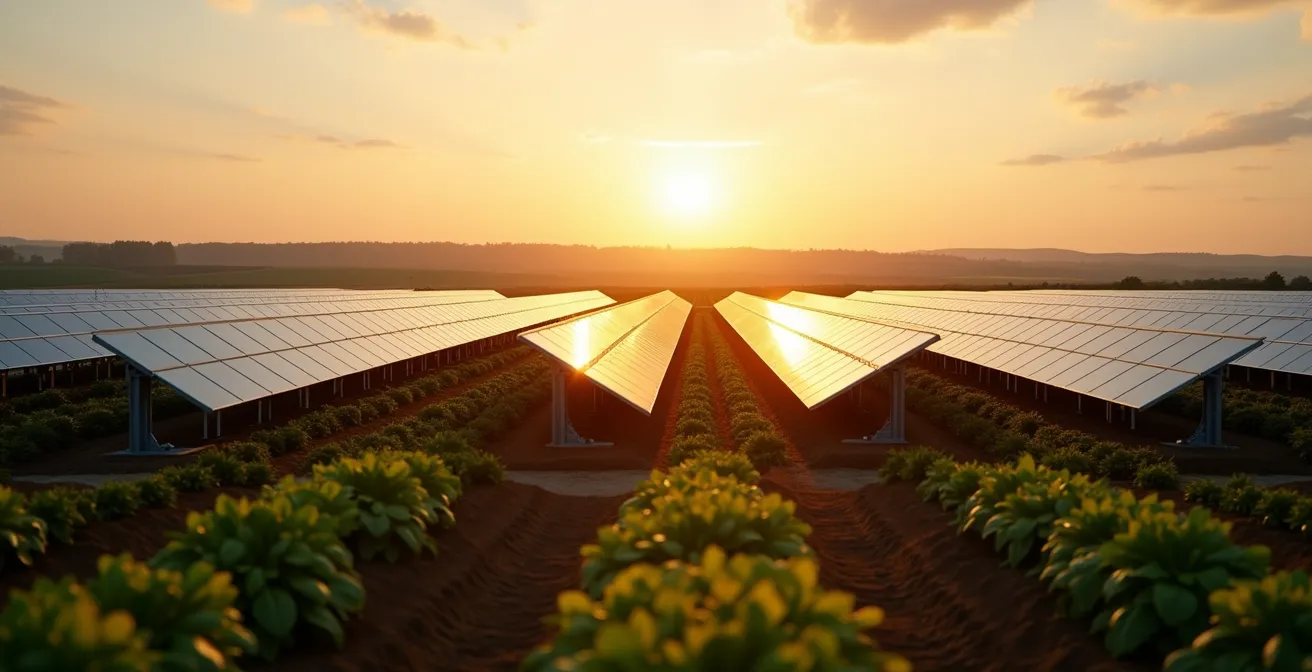 Wide landscape view of solar panel array in farm field with crops growing between panels at sunset