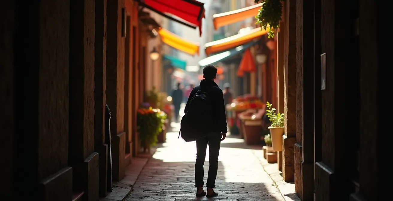 Traveler discovering hidden local market through narrow alley