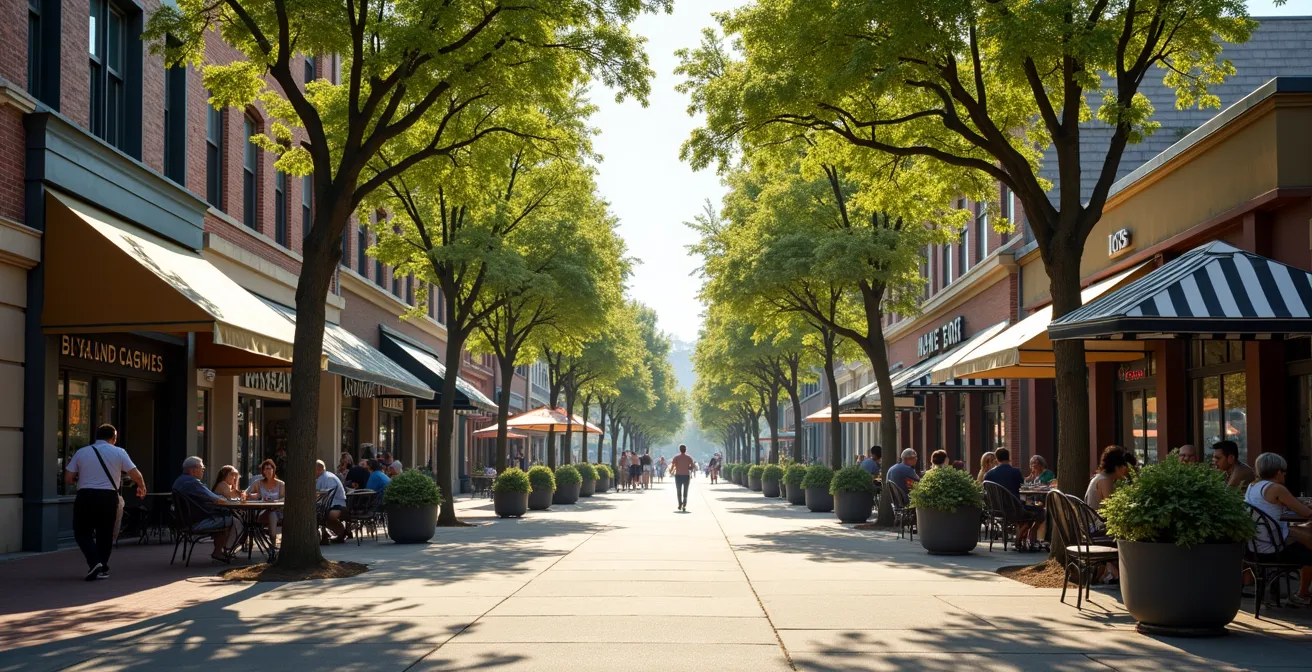 Vibrant suburban main street with cafes and shops busy during weekday afternoon