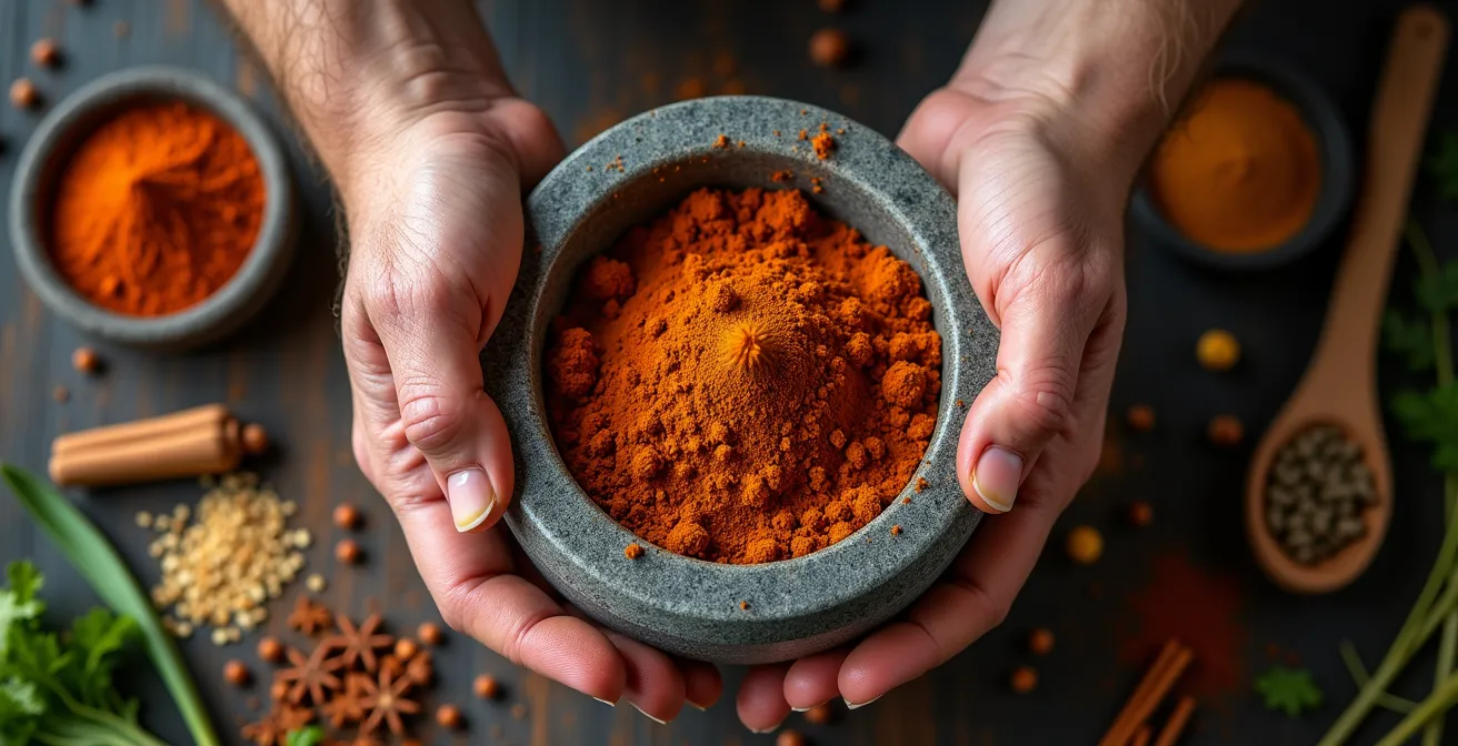 Hands preparing traditional ingredients using authentic techniques in a modern fusion context