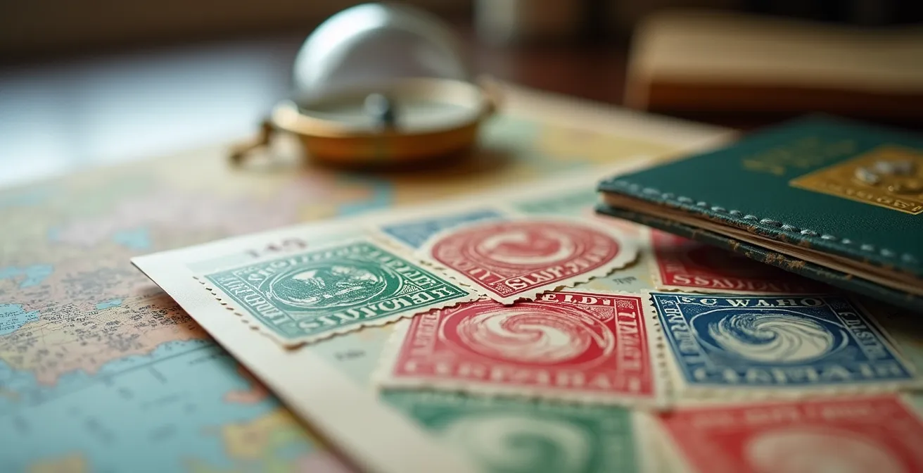 Close-up of passport stamps and travel planning materials