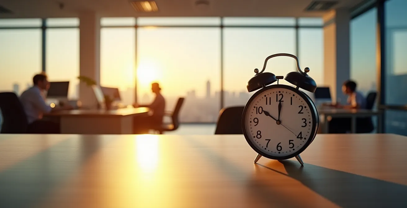 Wide view of a modern office showing the passage of time through changing natural light across a desk.