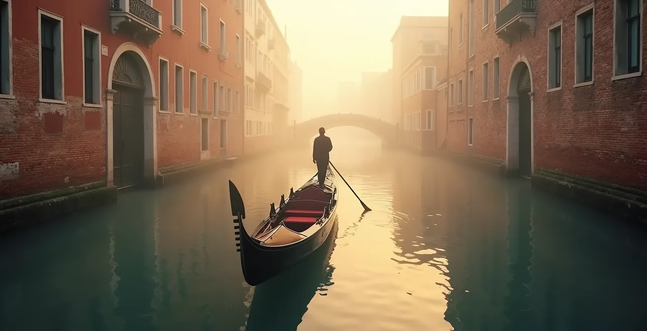 Misty Venice canal at dawn with single gondola and no crowds