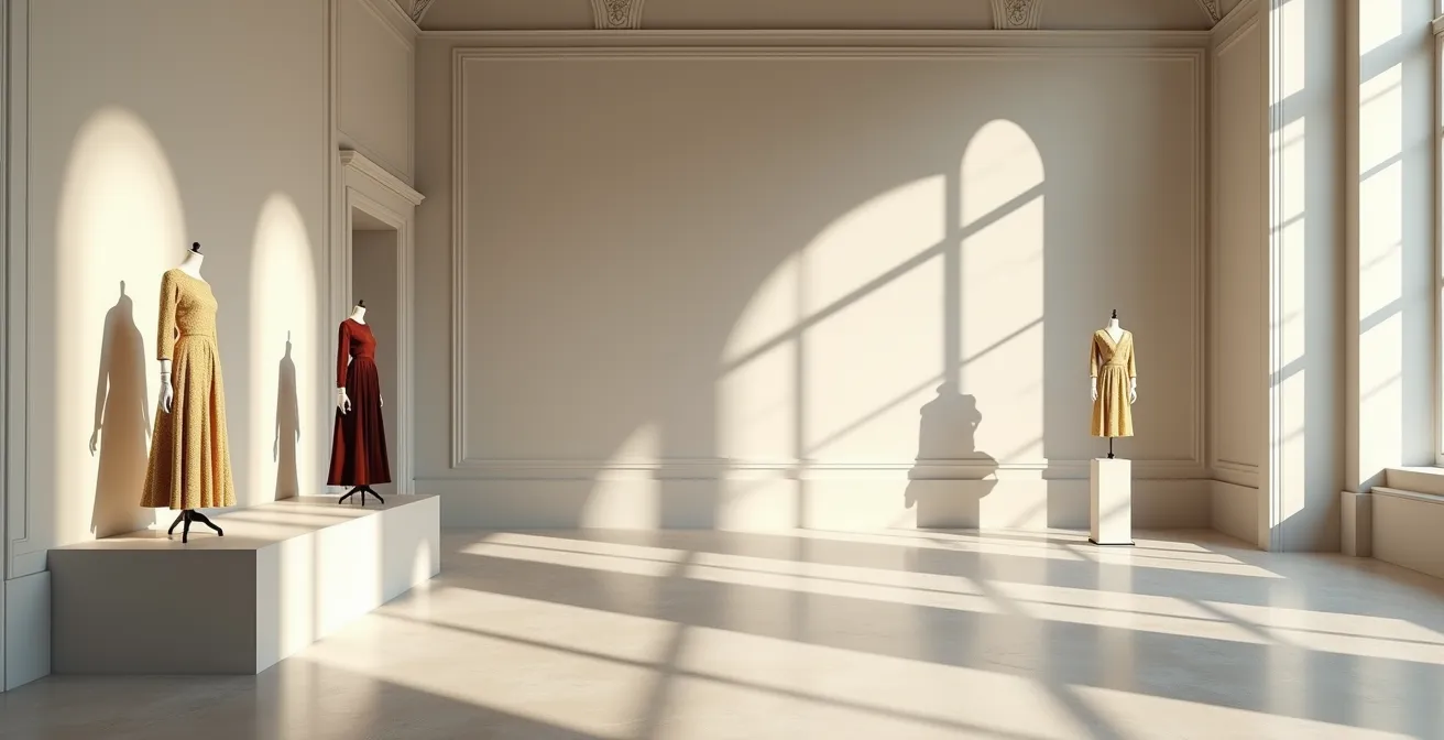 Elegant auction house interior with vintage couture displayed for viewing