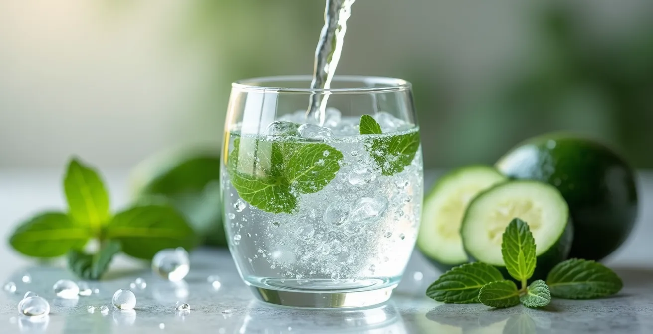 Close-up photograph of clear water being poured into a glass with fresh herbs