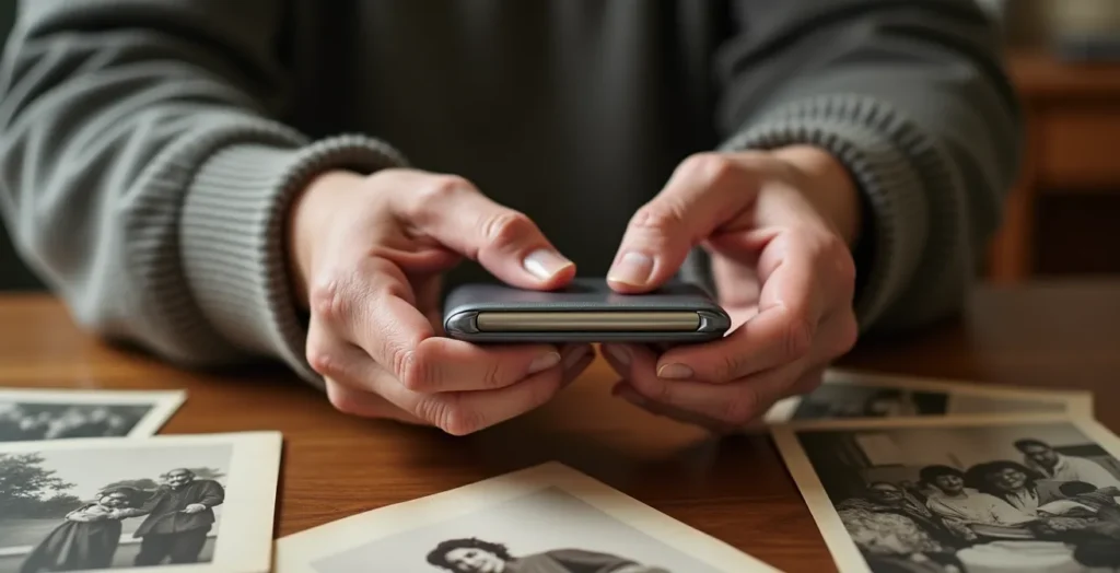 Hands passing a secure digital key device surrounded by family photos and documents Hands passing a secure digital key device surrounded by family photos and documents
